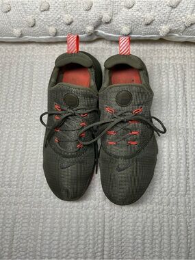Youth Size 5 Nike Olive Green Athletic Sneakers with Orange Accents